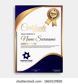 Moderna plantilla de certificación de galardón en gradación y colores dorados, estilo moderno y de lujo e imagen vectorial de estilo galardonado. Apropiado para la apreciación. Vector premium.