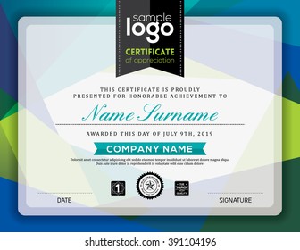 Modern certificate blue and green triangle shape background frame design template