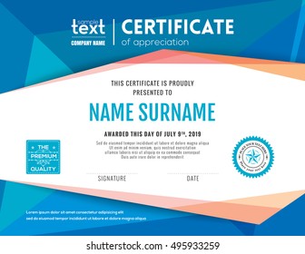 Modern certificate with blue polygonal background design template