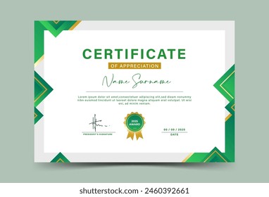 Modern certificate ,bright green and gold geometric effect achievement certificate template Vector blank design template