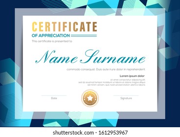 modern certificate of completion template with blue abstract cube shape graphic background