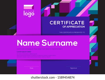 modern certificate of completion template with vibrant blue and purple color abstract graphic background