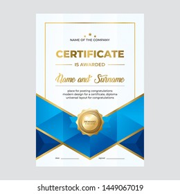 Modern certificate design, diploma template. Creative blue background with gold seal
