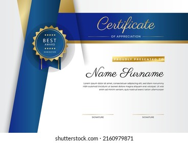 Modelo moderno de diseño de certificados con insignias de oro, diseño lujoso y moderno, galardonado, diploma. Ilustración del vector