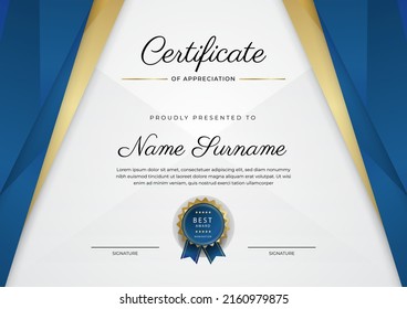 Modern certificate design template with gold badges, luxury and modern pattern, award winning, diploma. Vector illustration