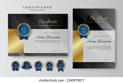 Modern certificate design template with gold badges, luxury and modern pattern, award winning, diploma. Vector illustration