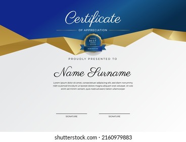 Modelo moderno de diseño de certificados con insignias de oro, diseño lujoso y moderno, galardonado, diploma. Ilustración del vector
