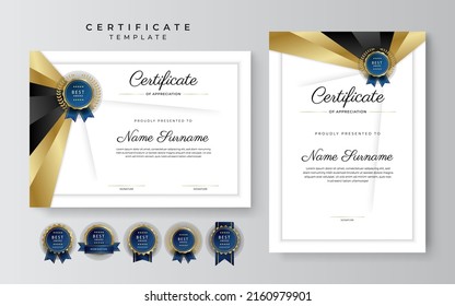 Modern certificate design template with gold badges, luxury and modern pattern, award winning, diploma. Vector illustration