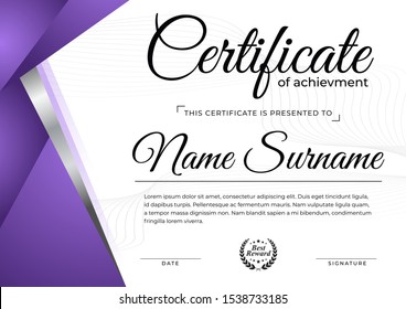 Modern Certificate Design Template with Purple Color and Minimal Style