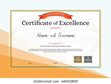 Modern certificate of excellence template with award ribbon on abstract guilloche background