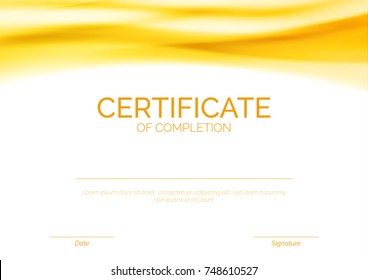 Modern Certificate with mild smooth orange wave background. Graphic template with liquid dynamic soft golden gradient futuristic wavy fashion swoosh layout. Vector illustration