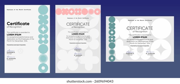 Modern certificate of recognition with minimal layout and geometric teal accents, honoring employee achievement in a bold and professional style.