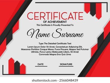 modern certificate with red and black. Certificate template with modern line pattern