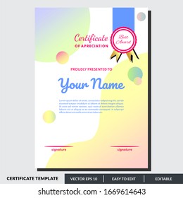 Modelo moderno de certificado de reconocimiento. Diseño de certificado creativo de estilo profesional. Graduación, premio, éxito del diseño del diploma. Texto editable en la ilustración vectorial.