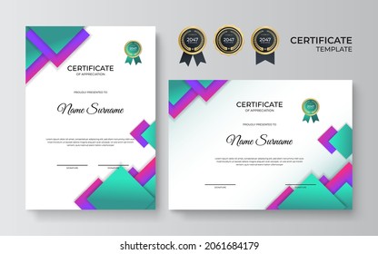 Modern certificate template. Certificate of appreciation template. Clean simple certificate with gold badge. Certificate border template with elegant and trendy geometric pattern
