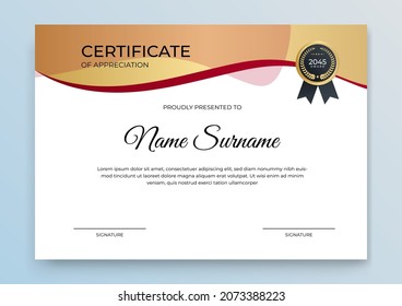 Modern certificate template. Certificate of appreciation template. Clean simple certificate with gold badge. Certificate border template with elegant and trendy geometric pattern