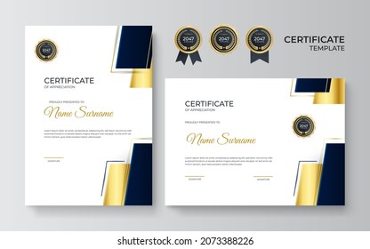 Modern certificate template. Certificate of appreciation template. Clean simple certificate with gold badge. Certificate border template with elegant and trendy geometric pattern