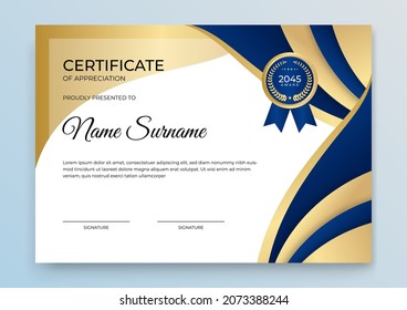 Modern certificate template. Certificate of appreciation template. Clean simple certificate with gold badge. Certificate border template with elegant and trendy geometric pattern