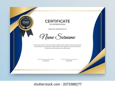 Modern certificate template. Certificate of appreciation template. Clean simple certificate with gold badge. Certificate border template with elegant and trendy geometric pattern