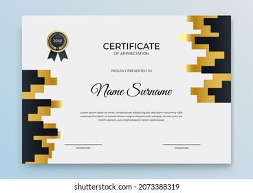 Plantilla de certificado moderna. Plantilla de certificado de apreciación. Limpie un certificado simple con insignia de oro. Plantilla de borde de certificado con un patrón geométrico elegante y de moda