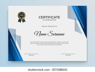 Plantilla de certificado moderna. Plantilla de certificado de apreciación. Limpie un certificado simple con insignia de oro. Plantilla de borde de certificado con un patrón geométrico elegante y de moda