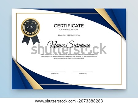 Modern certificate template. Certificate of appreciation template. Clean simple certificate with gold badge. Certificate border template with elegant and trendy geometric pattern