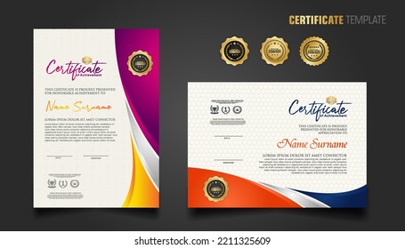 Modern certificate template with beautiful combination color on waving shape background, diploma. Vector illustration.