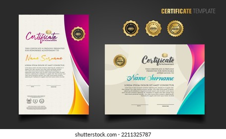 Modern certificate template with beautiful combination color on waving shape background, diploma. Vector illustration.