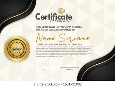 Modern certificate template with  black dots halftone effect and gold line ornament on texture pattern background, 