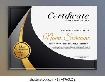 plantilla de certificado moderna en diseño ondulado negro y gris