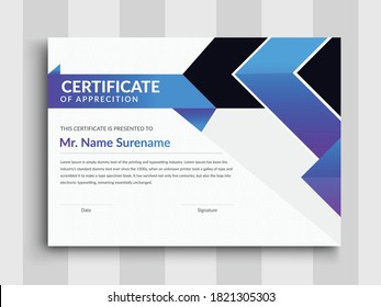 Modern certificate template with blue certificate design, Certificate template awards diploma background vector, creative Professional Certificate Template Design for Print.