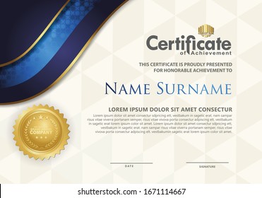 Modern certificate template with blue and gold flow lines effect ornament on texture pattern background,