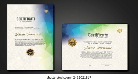 Modern certificate template with colorful polygonal shape effect ornament on textured pattern background.