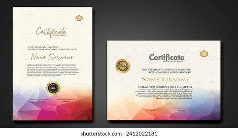 Modern certificate template with colorful polygonal shape effect ornament on textured pattern background.