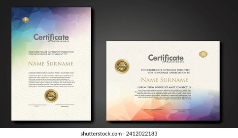 Modern certificate template with colorful polygonal shape effect ornament on textured pattern background.