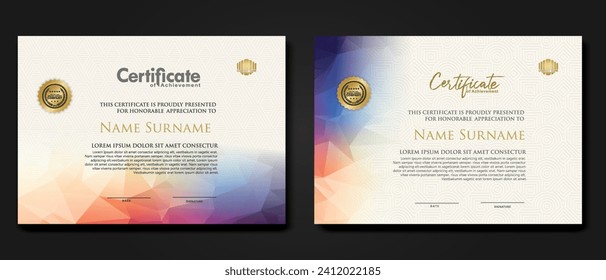 Modern certificate template with colorful polygonal shape effect ornament on textured pattern background.