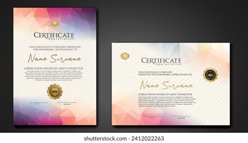 Modern certificate template with colorful polygonal shape effect ornament on textured pattern background.