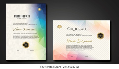 Modern certificate template with colorful polygonal shape effect ornament on textured pattern background.