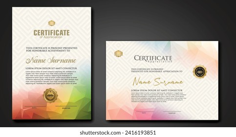 Modern certificate template with colorful polygonal shape effect ornament on textured pattern background.