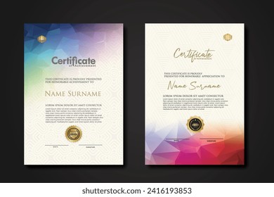 Modern certificate template with colorful polygonal shape effect ornament on textured pattern background.