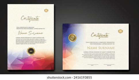 Modern certificate template with colorful polygonal shape effect ornament on textured pattern background.