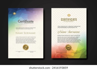 Modern certificate template with colorful polygonal shape effect ornament on textured pattern background.