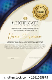Modern certificate template with dark blue dots halftone effect and gold line ornament on texture pattern background, 