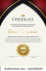 Modern certificate template with dark red and black dots halftone effect and gold line ornament on texture pattern background, 