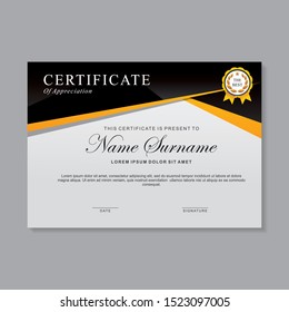 Modern certificate template design with black, yellow, and white color