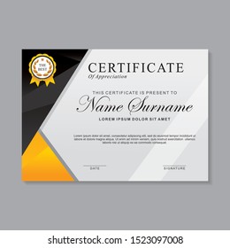 Modern certificate template design with black, yellow, and white color