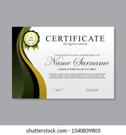 Modern certificate template design with black, green, gold and white color 