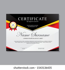 Modern certificate template design with black, red, gold and white color 