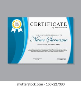Modern certificate template design with blue and white color. Appreciation certificate, achievement certificate