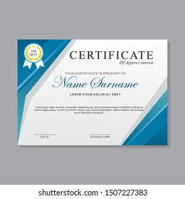 Modern certificate template design with blue and white color. Appreciation certificate, achievement certificate